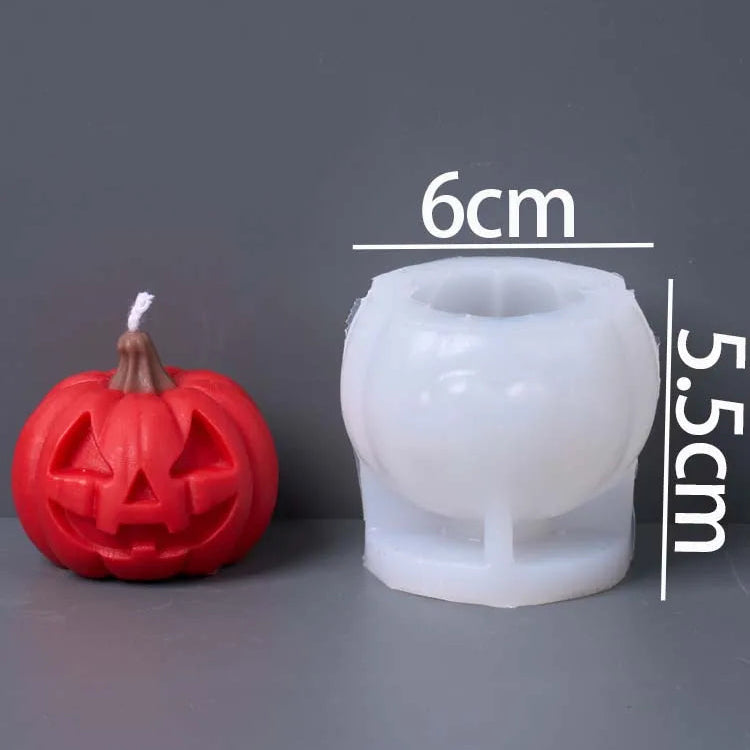 A small carved red pumpkin candle next to a white pumpkin-shaped silicone mold, with overlaid dimension labels showing 6 cm width and 5.5 cm height, plus text stating 'Molds Weight:61g' on a gray background.