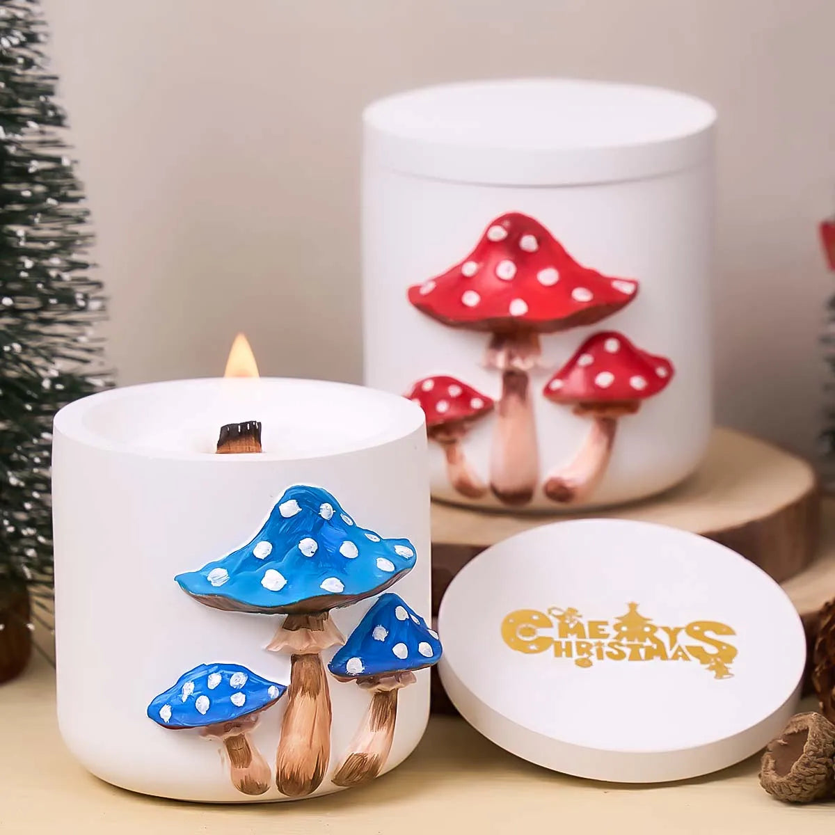 Mushroom Relief Candle Jar with Lid Silicone Mold Set