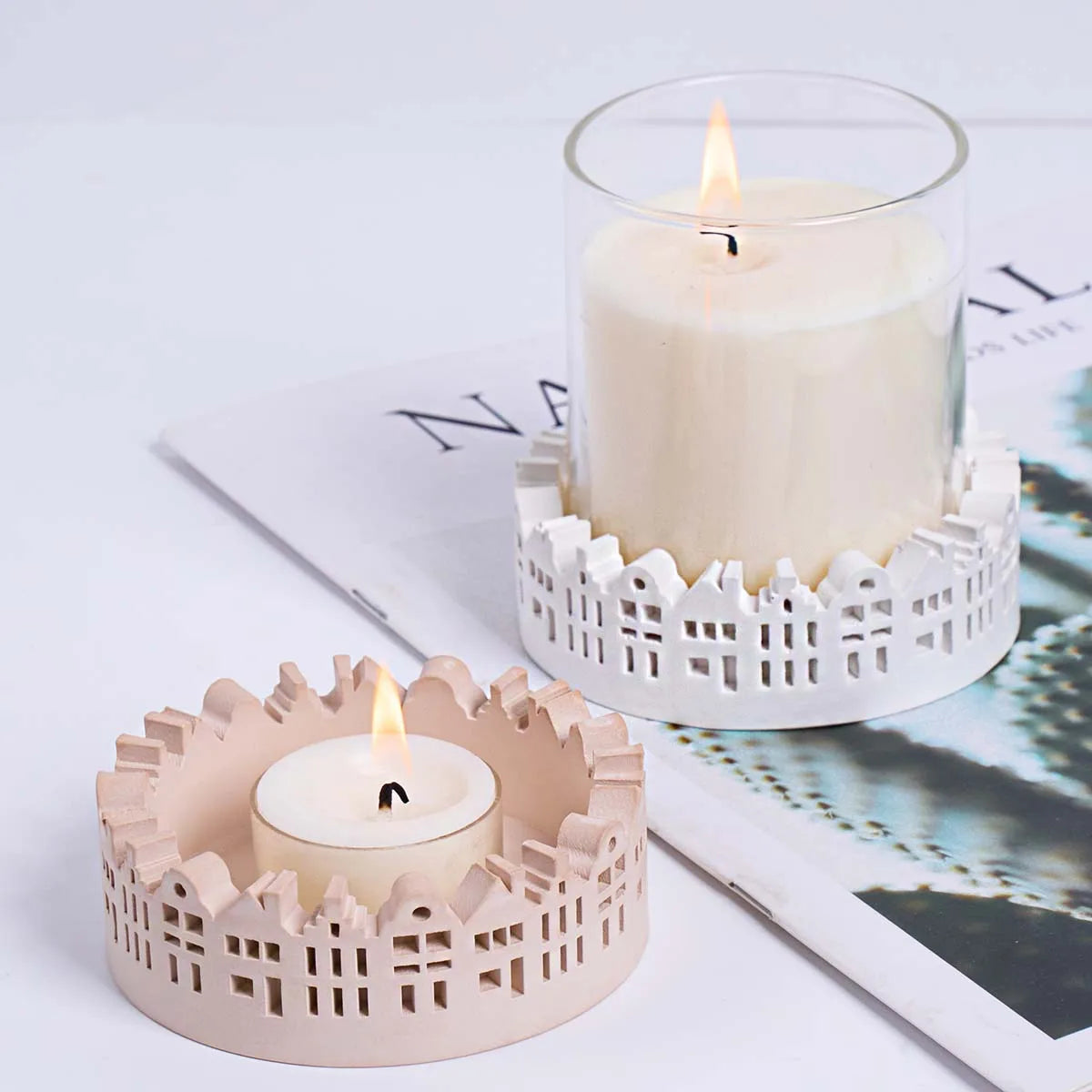 Round Cityscape Candle Holder Silicone Mold