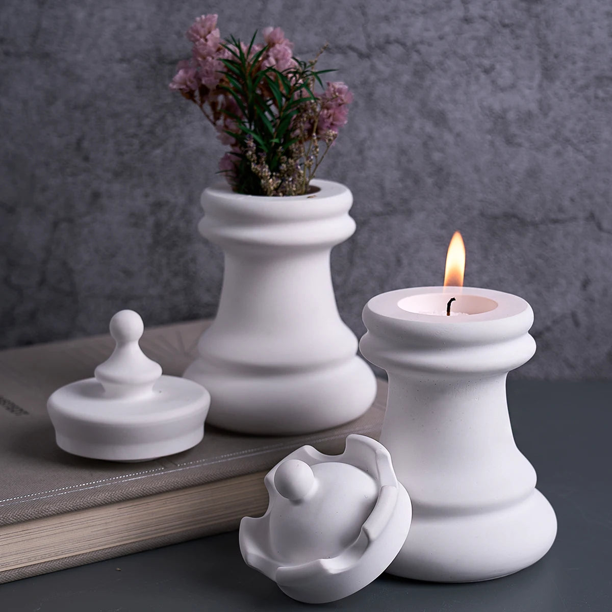 Chess Candle Holder Silicone Mold with Lid.