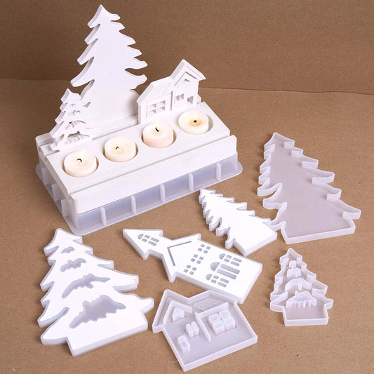 Christmas Tree & House Candle Holder Silicone Mold Set (7 pcs)