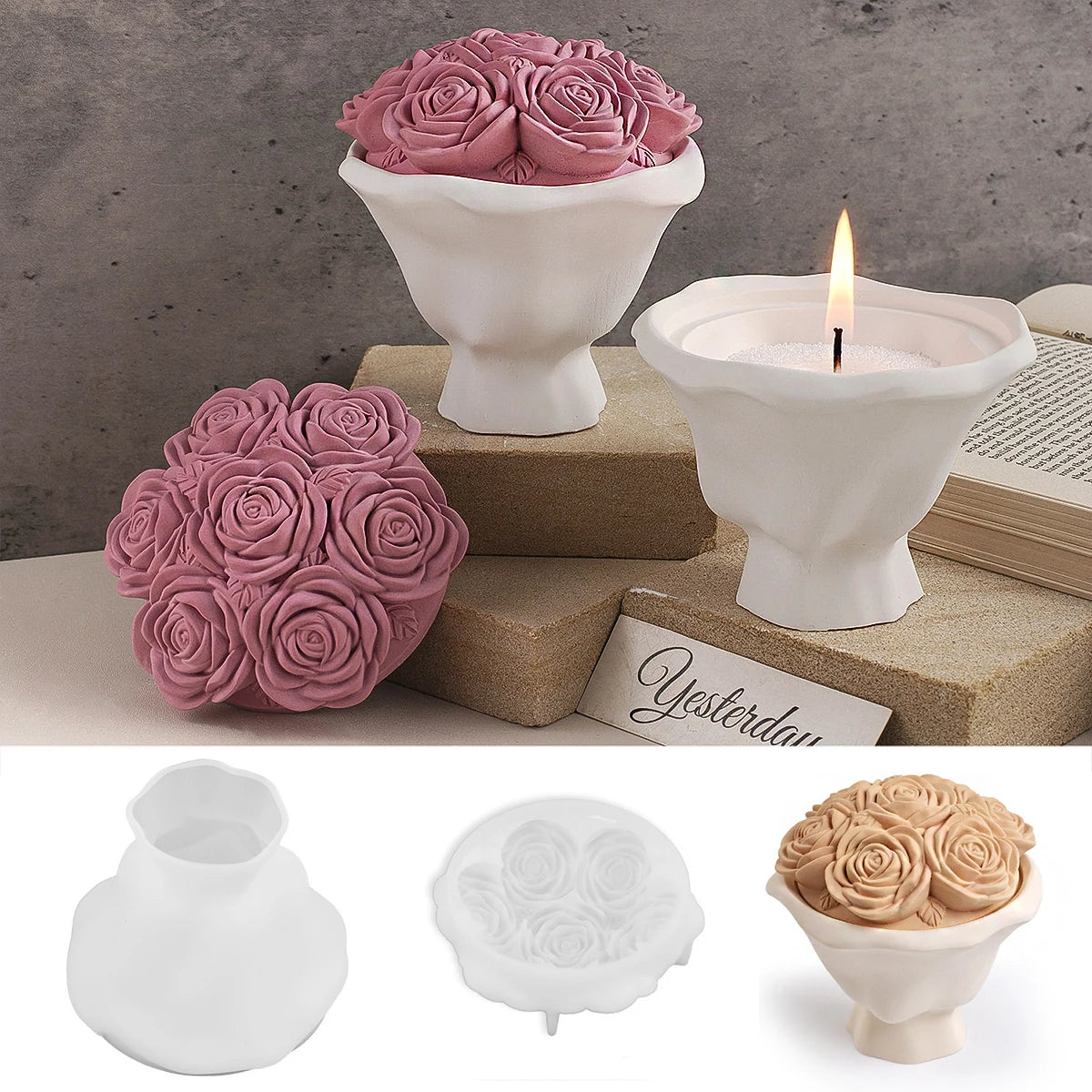 Rose Candle Cup Silicone Mold with Lid.