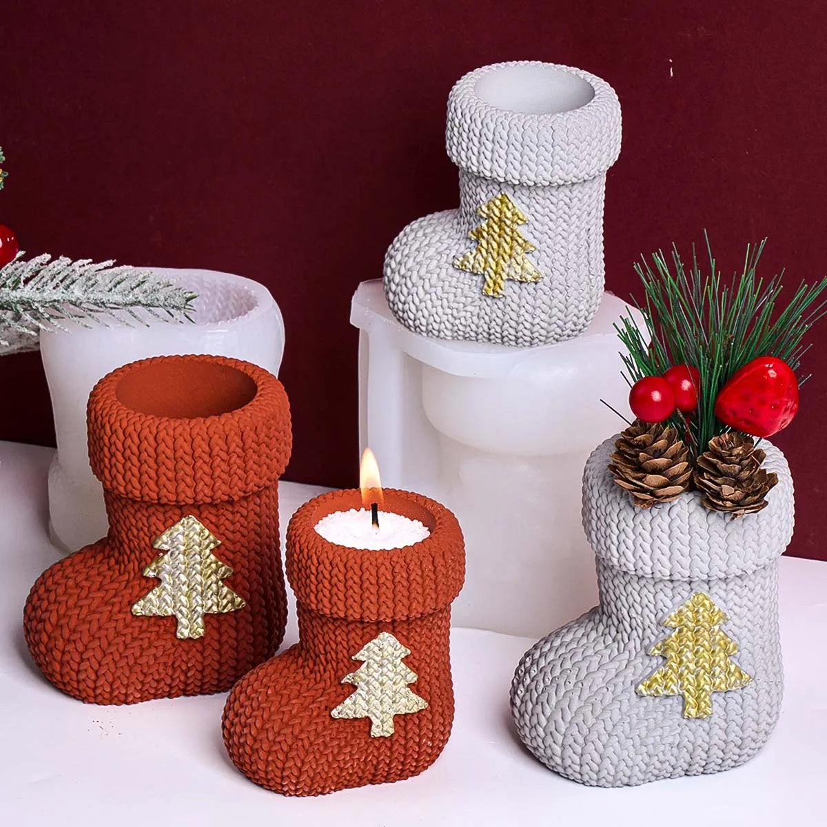 Christmas Knitted Boot Silicone Mold with Tree Design